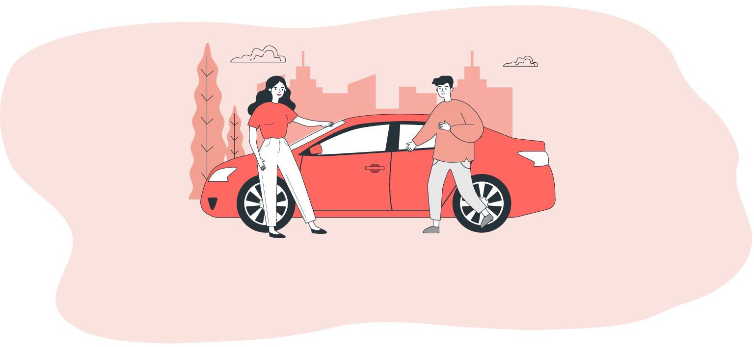 Illustration eines Autos vor einer Stadt mit Frau und Mann davor
