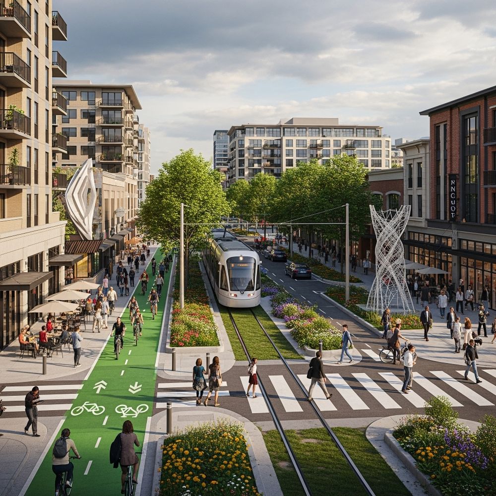 Stadt der Zukunft mit Fahrradwegen, Tram, Grünflächen und Autospur